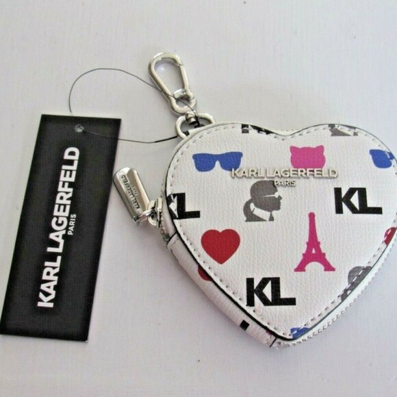 Karl Lagerfeld Paris HEART Zip Around Key Ring Coin Purse White Multi NWT $68 - Picture 1 of 3